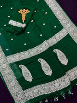 Bottle Green Pure Chiffon Silk Saree with Sliver Zari Work  | Party Wear Pure Chiffon Sarees | Silk Mark Certified