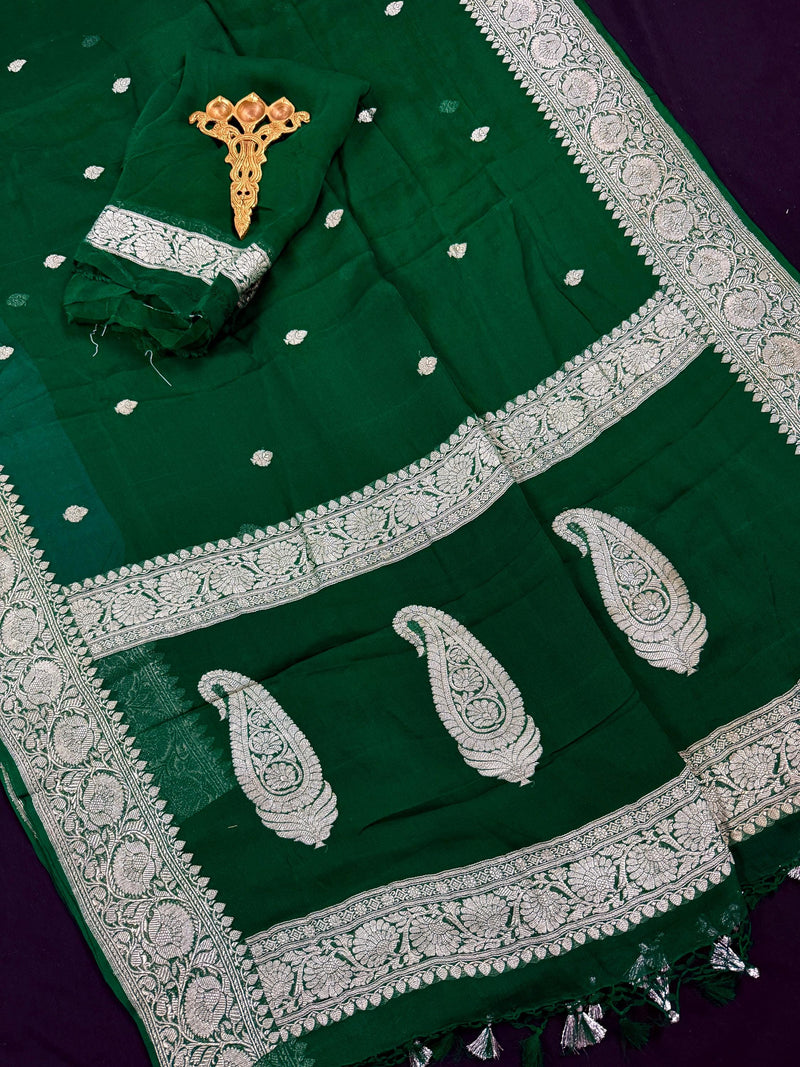Bottle Green Pure Chiffon Silk Saree with Sliver Zari Work  | Party Wear Pure Chiffon Sarees | Silk Mark Certified