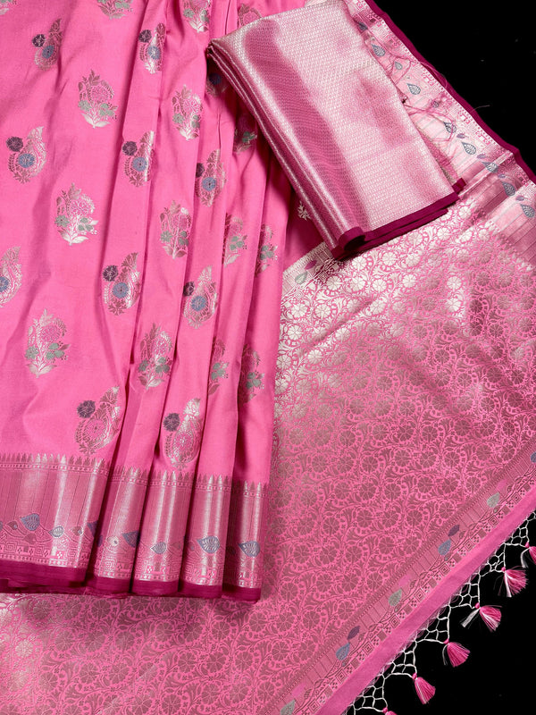 Statement Handmade Barbie Pink Color Banarasi Semi Katan Silk Saree with Meenakari and Muted Gold Zari Weave with Floral Buttas