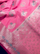 Statement Handmade Barbie Pink Color Banarasi Semi Katan Silk Saree with Meenakari and Muted Gold Zari Weave with Floral Buttas