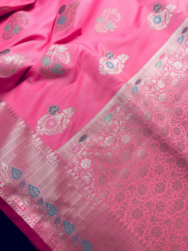 Statement Handmade Barbie Pink Color Banarasi Semi Katan Silk Saree with Meenakari and Muted Gold Zari Weave with Floral Buttas