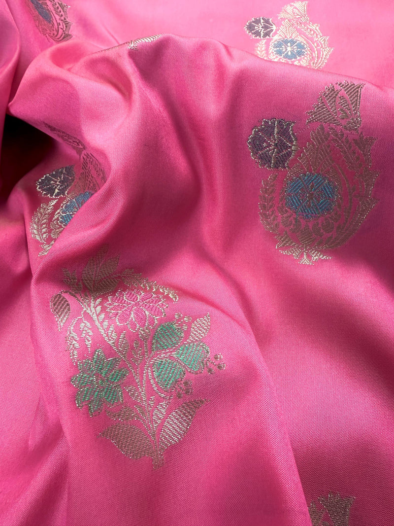 Statement Handmade Barbie Pink Color Banarasi Semi Katan Silk Saree with Meenakari and Muted Gold Zari Weave with Floral Buttas