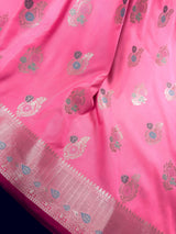 Statement Handmade Barbie Pink Color Banarasi Semi Katan Silk Saree with Meenakari and Muted Gold Zari Weave with Floral Buttas