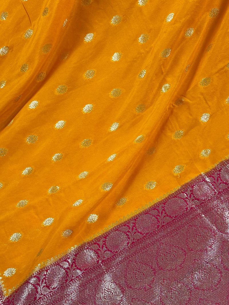 Turmeric Yellow Color Banarasi Soft with Georgette Blend Saree with Hot Pink Border and Pallu | Sliver Zari Weave