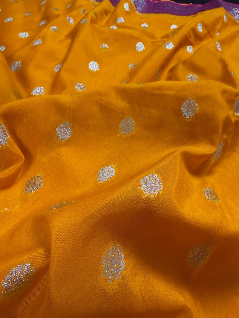 Turmeric Yellow Color Banarasi Soft with Georgette Blend Saree with Hot Pink Border and Pallu | Sliver Zari Weave