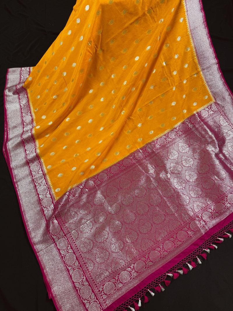 Turmeric Yellow Color Banarasi Soft with Georgette Blend Saree with Hot Pink Border and Pallu | Sliver Zari Weave
