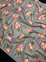 Slate Grey Color Floral Print Saree with Lucknowi Embroidery and Crochet Lace Work | Satin Silk Saree | Floral Saree | Kaash Collection