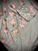Slate Grey Color Floral Print Saree with Lucknowi Embroidery and Crochet Lace Work | Satin Silk Saree | Floral Saree | Kaash Collection