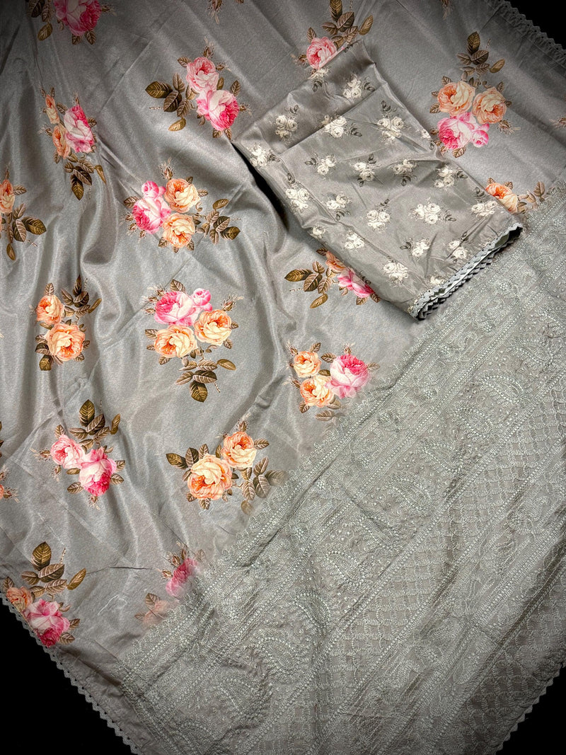Slate Grey Color Floral Print Saree with Lucknowi Embroidery and Crochet Lace Work | Satin Silk Saree | Floral Saree | Kaash Collection