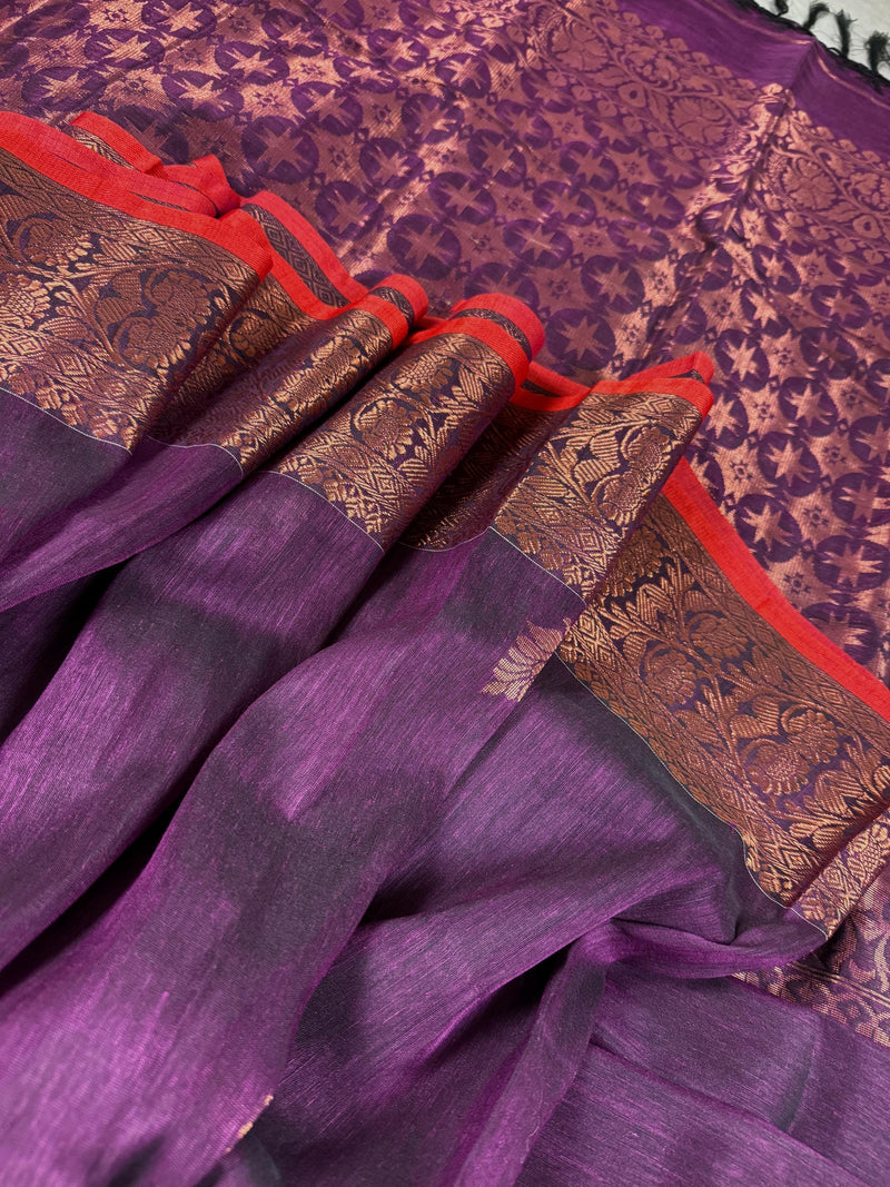 Eggplant Purple Color Handloom Bengal Linen Silk Saree with Red Borders and Cooper Zari Weaving  | Linen Saree  | Handwoven Sarees