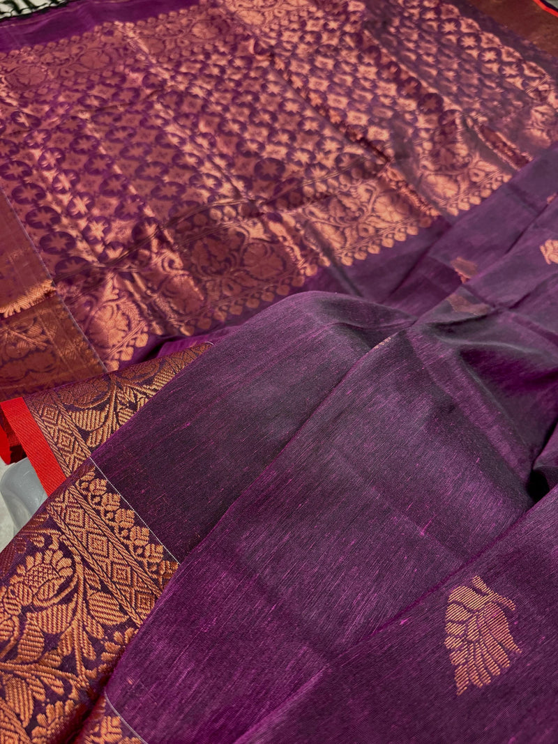 Eggplant Purple Color Handloom Bengal Linen Silk Saree with Red Borders and Cooper Zari Weaving  | Linen Saree  | Handwoven Sarees