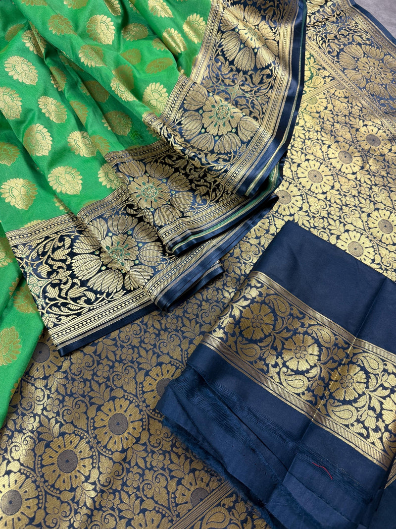 Parrot Green Handloom Banarasi Silk Saree with Muted Gold Zari Weave