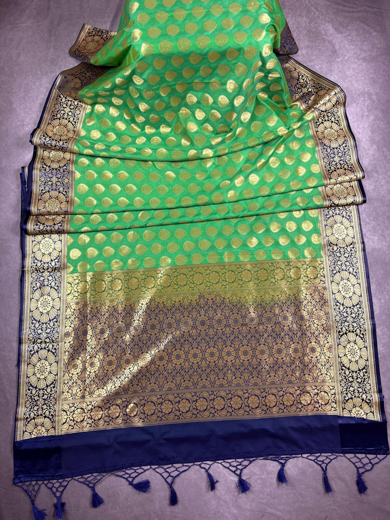 Parrot Green Handloom Banarasi Silk Saree with Muted Gold Zari Weave
