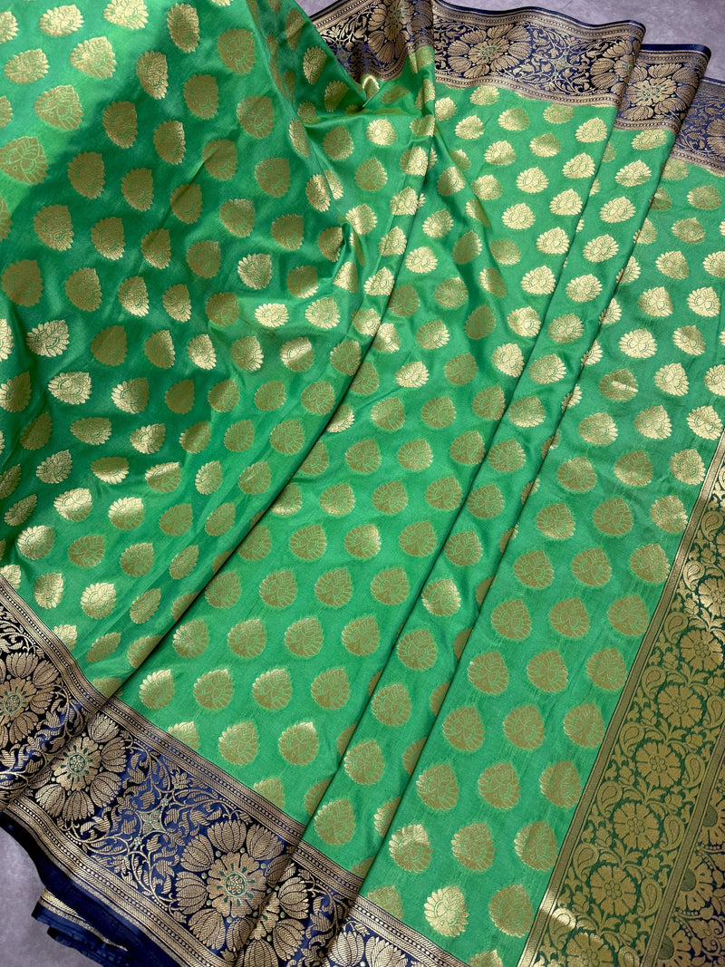 Parrot Green Handloom Banarasi Silk Saree with Muted Gold Zari Weave
