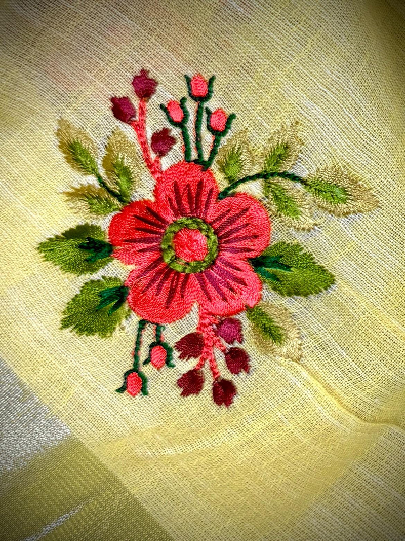 Lemon Yellow Color Linen Silk Saree with Floral Embroidery with Zari Work  | Linen Saree | Embroidery Saree