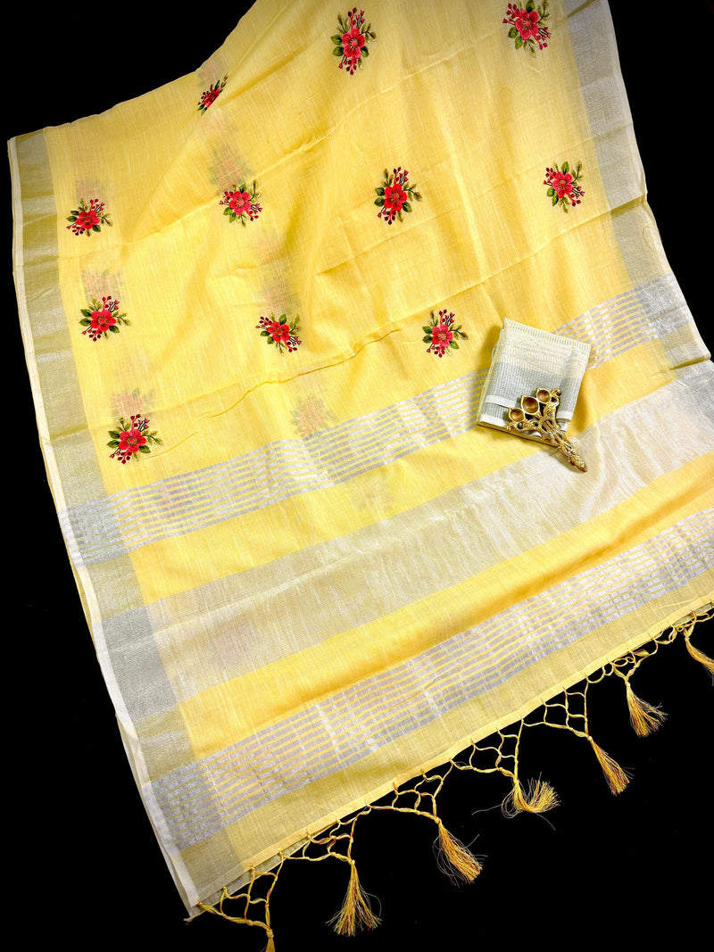 Lemon Yellow Color Linen Silk Saree with Floral Embroidery with Zari Work  | Linen Saree | Embroidery Saree