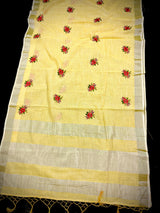 Lemon Yellow Color Linen Silk Saree with Floral Embroidery with Zari Work  | Linen Saree | Embroidery Saree
