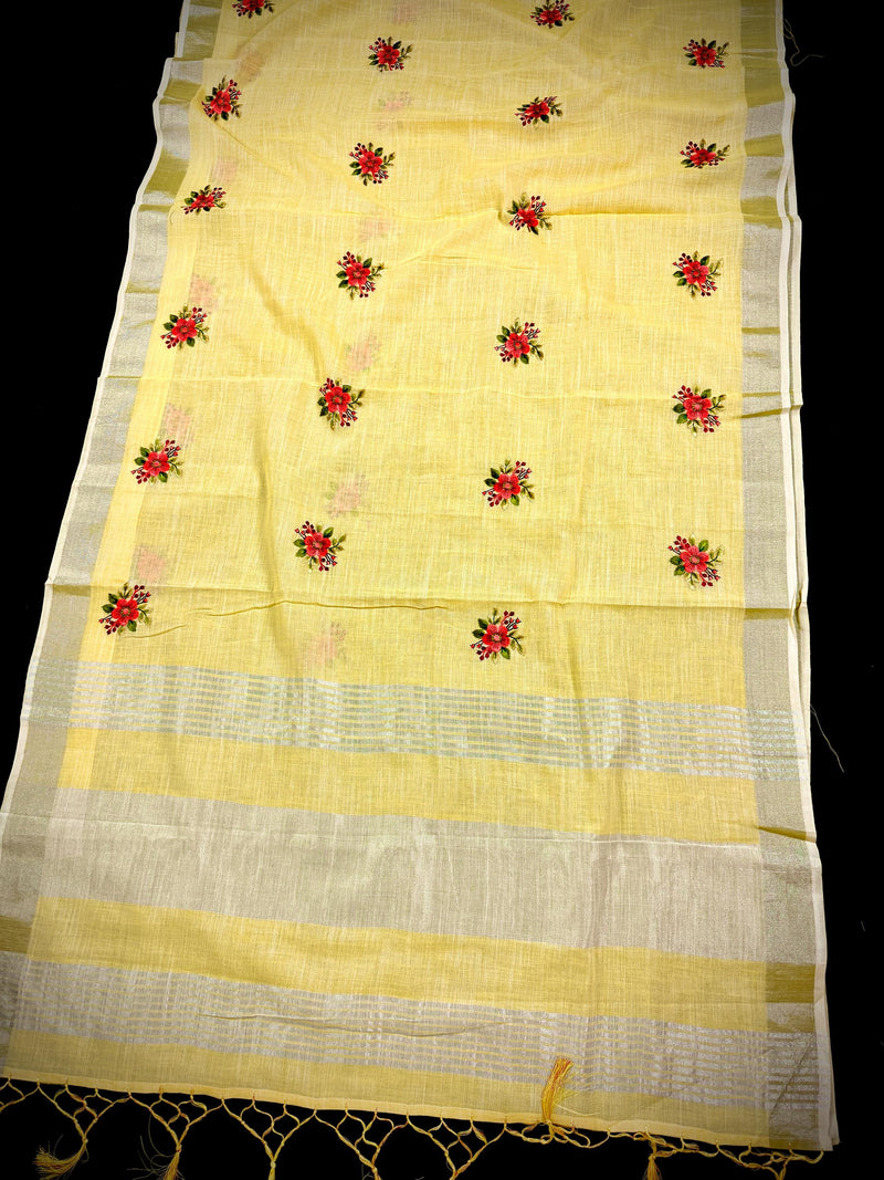 Lemon Yellow Color Linen Silk Saree with Floral Embroidery with Zari Work  | Linen Saree | Embroidery Saree