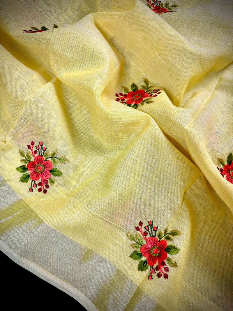 Lemon Yellow Color Linen Silk Saree with Floral Embroidery with Zari Work  | Linen Saree | Embroidery Saree
