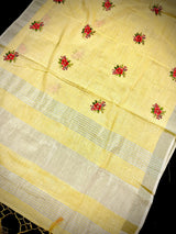 Lemon Yellow Color Linen Silk Saree with Floral Embroidery with Zari Work  | Linen Saree | Embroidery Saree