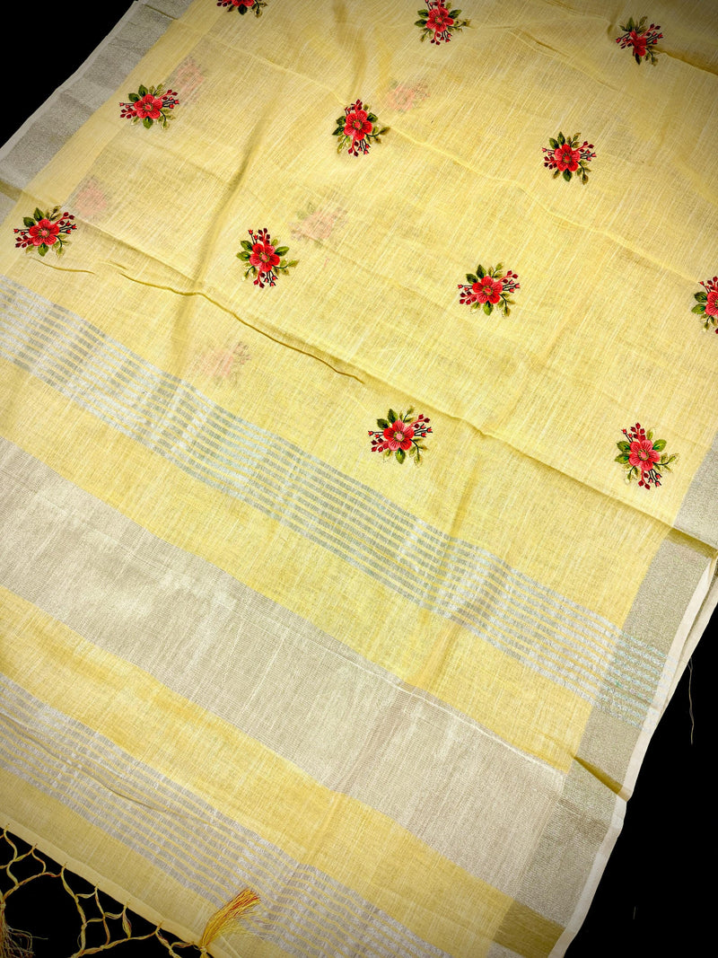 Lemon Yellow Color Linen Silk Saree with Floral Embroidery with Zari Work  | Linen Saree | Embroidery Saree