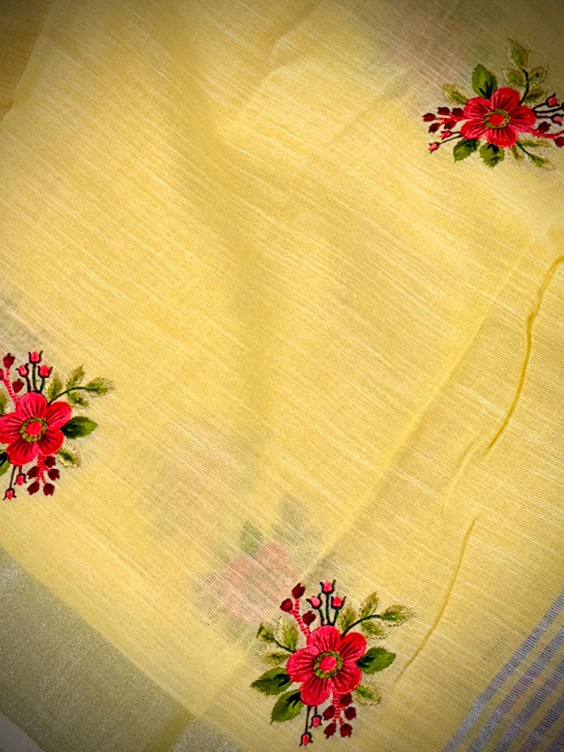 Lemon Yellow Color Linen Silk Saree with Floral Embroidery with Zari Work  | Linen Saree | Embroidery Saree