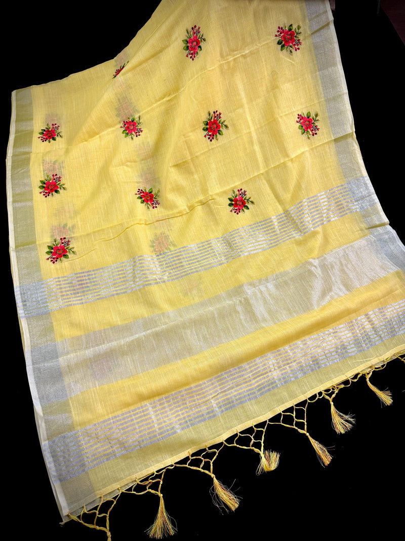 Lemon Yellow Color Linen Silk Saree with Floral Embroidery with Zari Work  | Linen Saree | Embroidery Saree