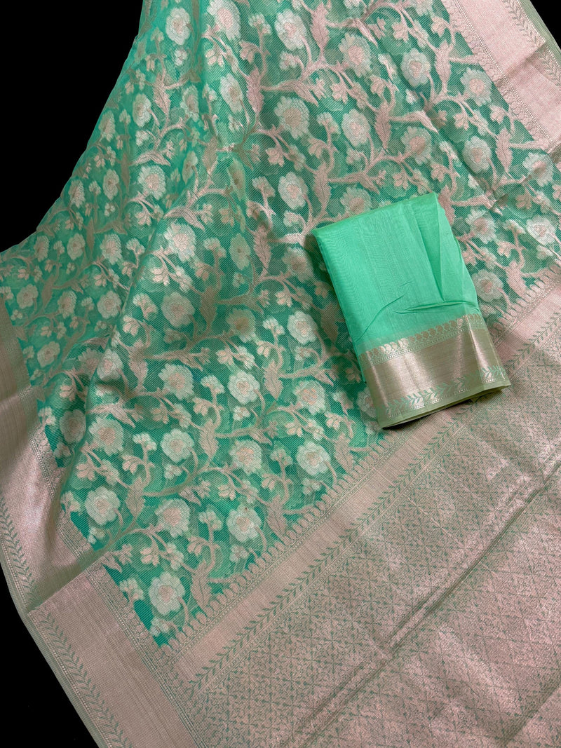 Pastel Sea Greeb Color Soft Organza Kora Silk Saree Saree with Sliver and Gold Zari | Banarasi Light Weight and Soft Saree