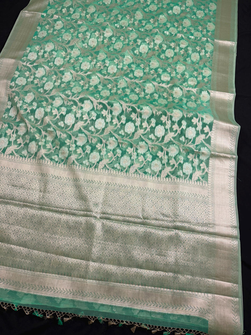 Pastel Sea Greeb Color Soft Organza Kora Silk Saree Saree with Sliver and Gold Zari | Banarasi Light Weight and Soft Saree
