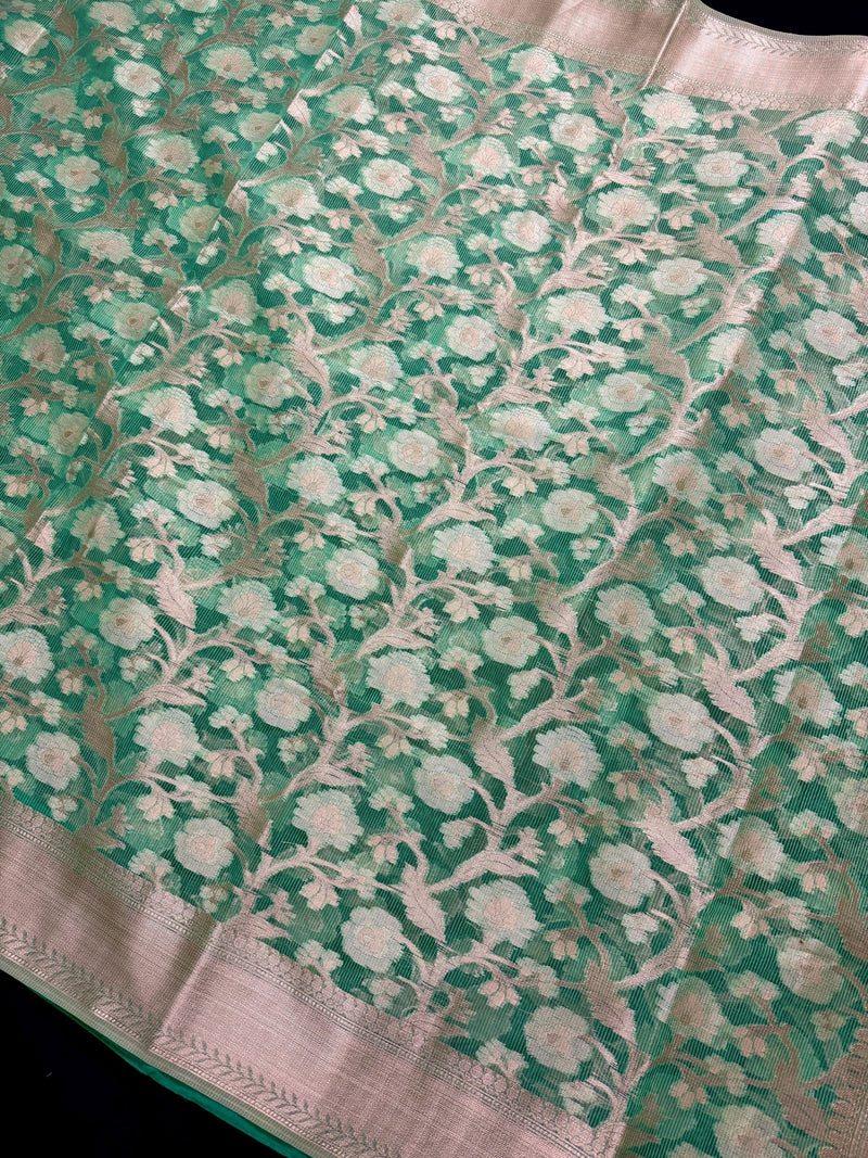 Pastel Sea Greeb Color Soft Organza Kora Silk Saree Saree with Sliver and Gold Zari | Banarasi Light Weight and Soft Saree