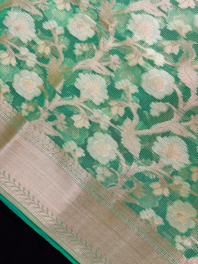Pastel Sea Greeb Color Soft Organza Kora Silk Saree Saree with Sliver and Gold Zari | Banarasi Light Weight and Soft Saree