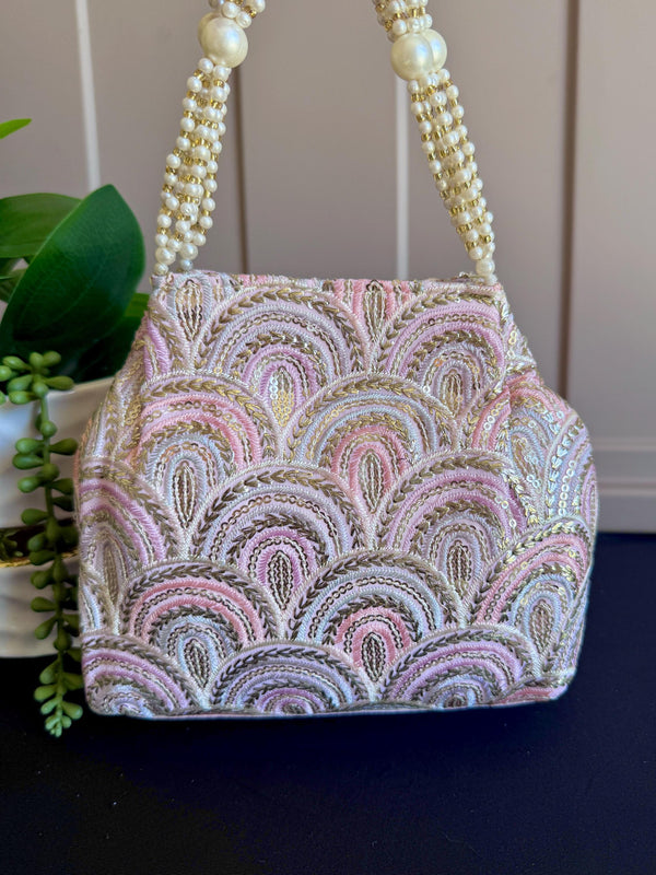 Baby Pink Color Raw Silk Floral Light Weight Potli Bag | Embroidery Work Potli Bags | Bags for Gifts | Wedding Bags | Indian Handicrafts