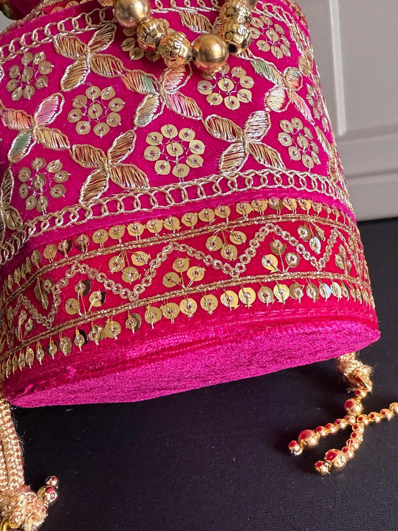 Hot Pink Color Long Potli Bag for Party and Wedding | Handmade Indian Handbag with Sequin and Zari |  Embellished Potli Bag for Wedding Gift