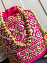 Hot Pink Color Long Potli Bag for Party and Wedding | Handmade Indian Handbag with Sequin and Zari |  Embellished Potli Bag for Wedding Gift