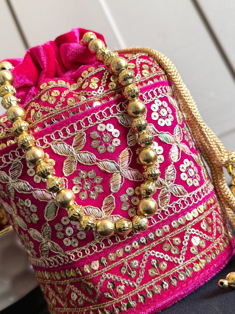 Hot Pink Color Long Potli Bag for Party and Wedding | Handmade Indian Handbag with Sequin and Zari |  Embellished Potli Bag for Wedding Gift