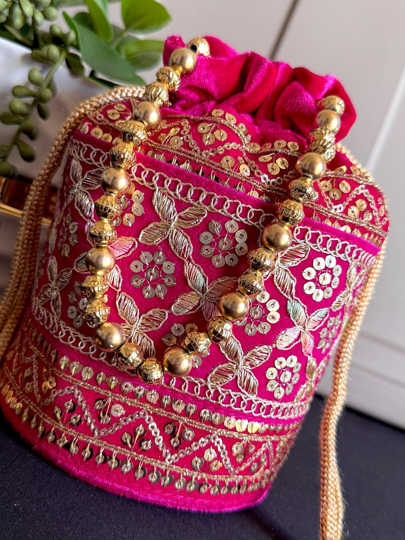 Hot Pink Color Long Potli Bag for Party and Wedding | Handmade Indian Handbag with Sequin and Zari |  Embellished Potli Bag for Wedding Gift