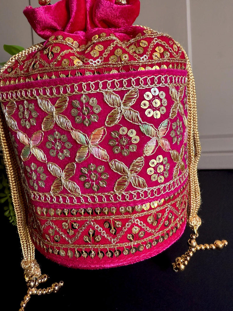 Hot Pink Color Long Potli Bag for Party and Wedding | Handmade Indian Handbag with Sequin and Zari |  Embellished Potli Bag for Wedding Gift