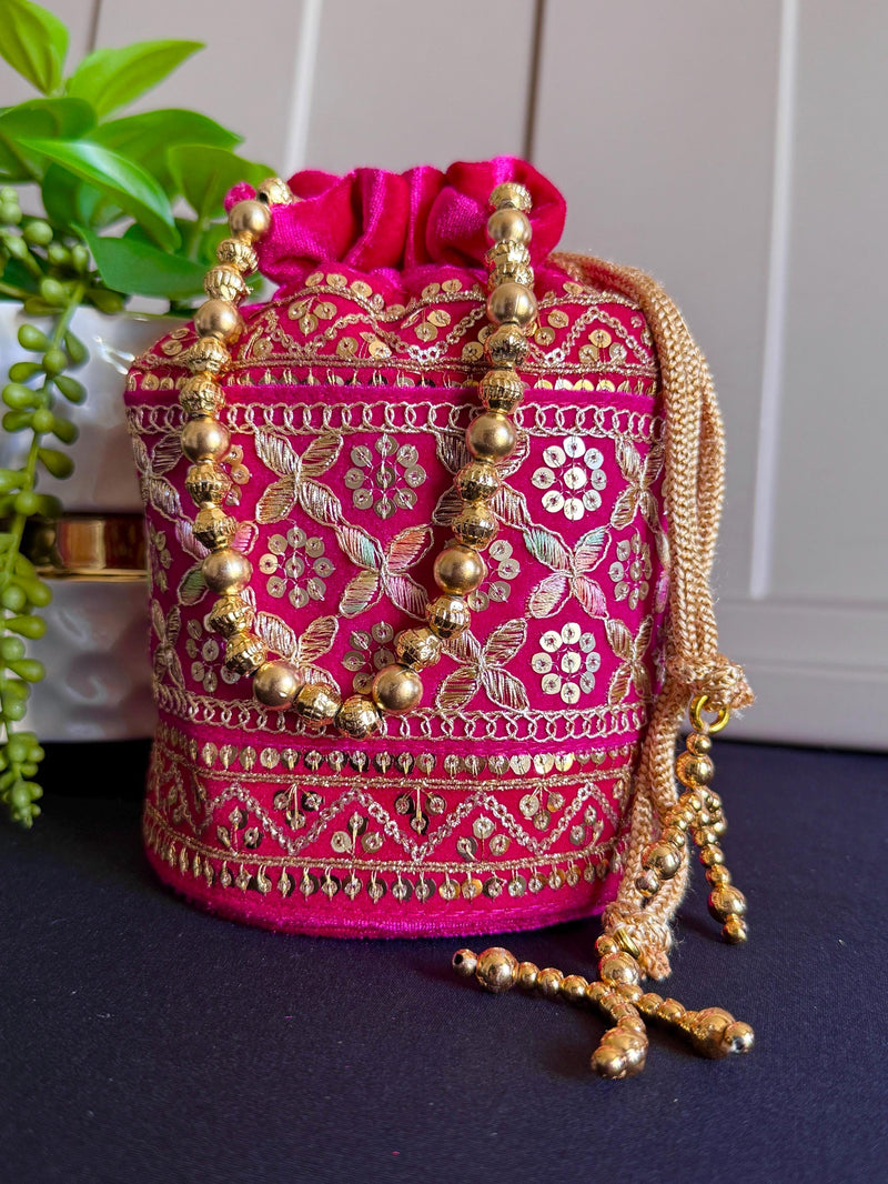 Hot Pink Color Long Potli Bag for Party and Wedding | Handmade Indian Handbag with Sequin and Zari |  Embellished Potli Bag for Wedding Gift