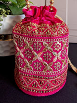 Hot Pink Color Long Potli Bag for Party and Wedding | Handmade Indian Handbag with Sequin and Zari |  Embellished Potli Bag for Wedding Gift