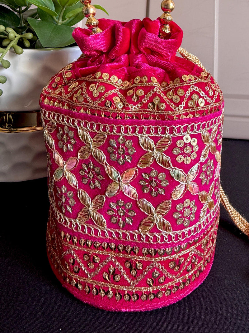 Hot Pink Color Long Potli Bag for Party and Wedding | Handmade Indian Handbag with Sequin and Zari |  Embellished Potli Bag for Wedding Gift