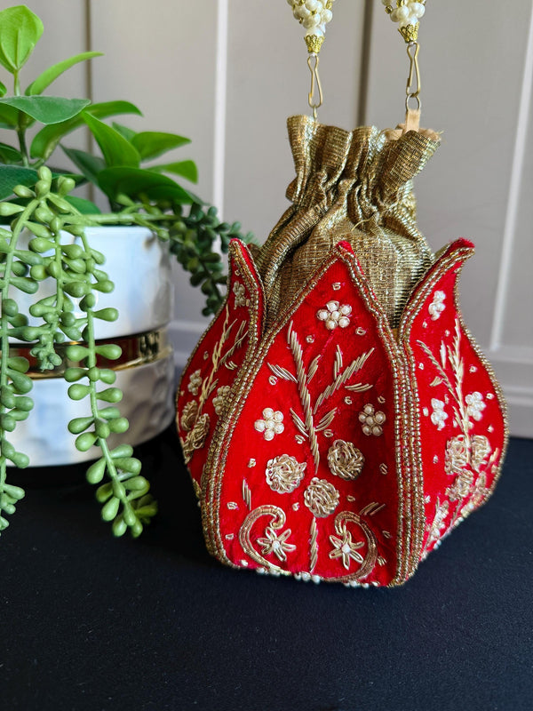 Red Color Velvet Wedding Potli Bag | Handmade Embellished Pearl and Zardosi | Desi Indian Pakistani Wedding Purse | Evening Party Purse