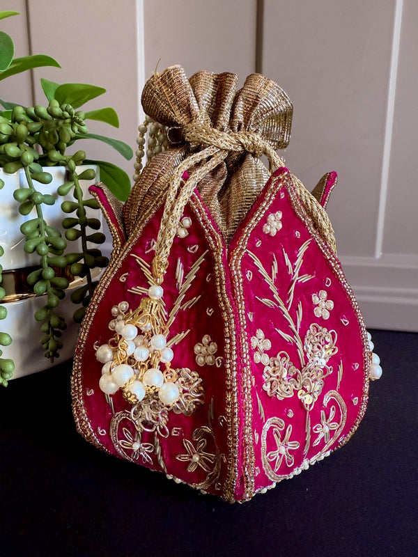 Hot Pink Color Velvet Wedding Potli Bag | Handmade Embellished Pearl and Zardosi | Desi Indian Pakistani Wedding Purse | Evening Party Purse