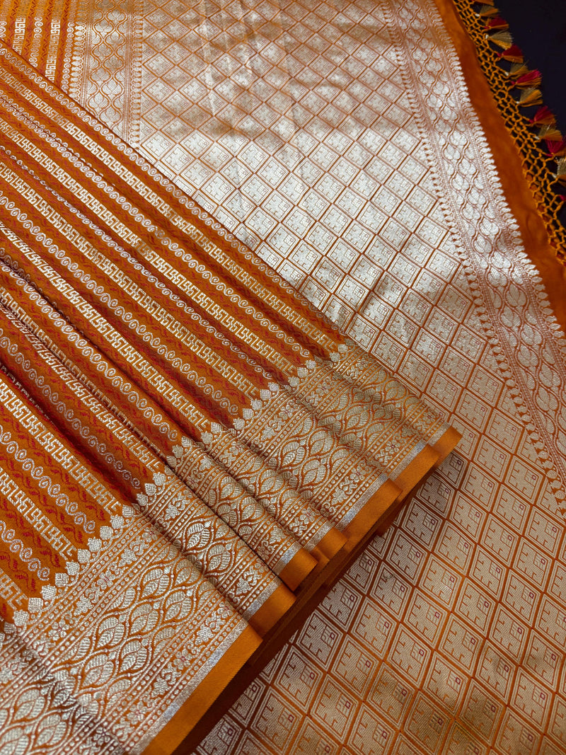 Rust Brunt Orange Dual Tone Semi Mashru Silk with Tanchoi Weave in Gold and Sliver Zari | Banarasi Silk Saree | Soft Silk Sarees