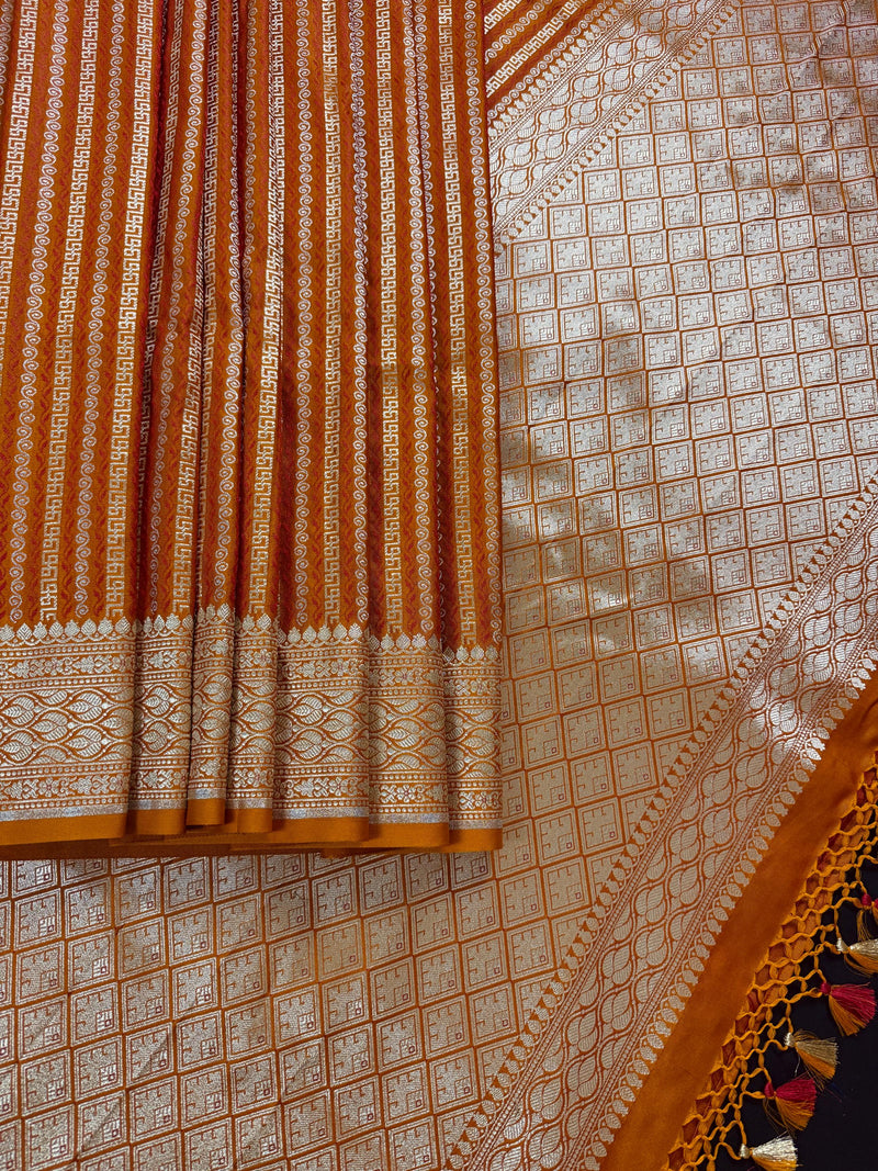 Rust Brunt Orange Dual Tone Semi Mashru Silk with Tanchoi Weave in Gold and Sliver Zari | Banarasi Silk Saree | Soft Silk Sarees