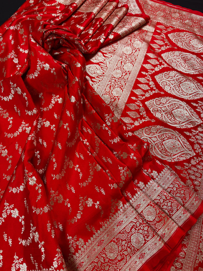 Red Color Soft Mashru Silk handloom Saree with Muted Gold Zari Weave with Banarasi Border and Pallu | Banarasi Mashru Silk Saree