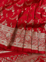 Red Color Soft Mashru Silk handloom Saree with Muted Gold Zari Weave with Banarasi Border and Pallu | Banarasi Mashru Silk Saree