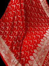 Red Color Soft Mashru Silk handloom Saree with Muted Gold Zari Weave with Banarasi Border and Pallu | Banarasi Mashru Silk Saree
