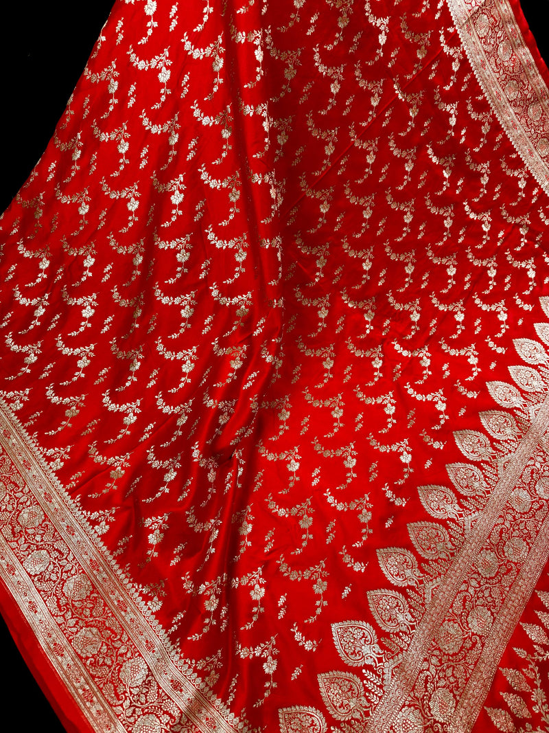 Red Color Soft Mashru Silk handloom Saree with Muted Gold Zari Weave with Banarasi Border and Pallu | Banarasi Mashru Silk Saree