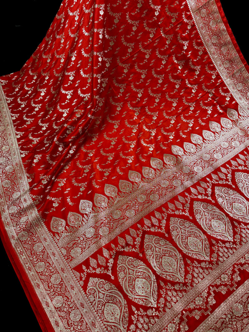 Red Color Soft Mashru Silk handloom Saree with Muted Gold Zari Weave with Banarasi Border and Pallu | Banarasi Mashru Silk Saree