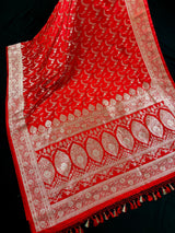 Red Color Soft Mashru Silk handloom Saree with Muted Gold Zari Weave with Banarasi Border and Pallu | Banarasi Mashru Silk Saree